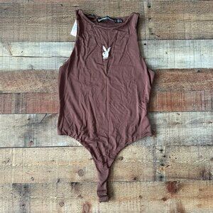Missguided Playboy Lifestyle Racer Bodysuit in Brown -10